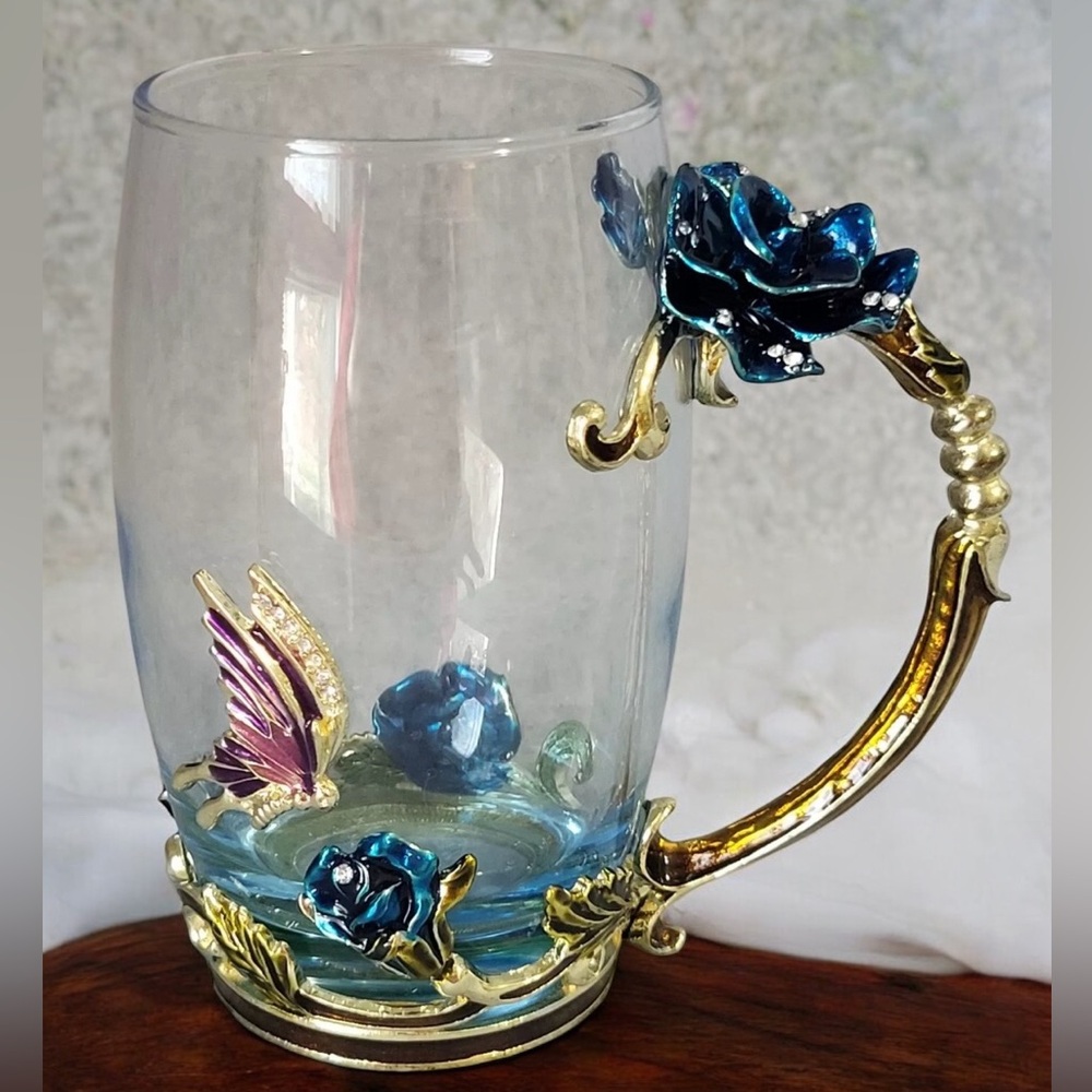 Arc of France Jeweled Enameled Coffee Tea Cup Clear Glass Roses Butterfly Lot 4